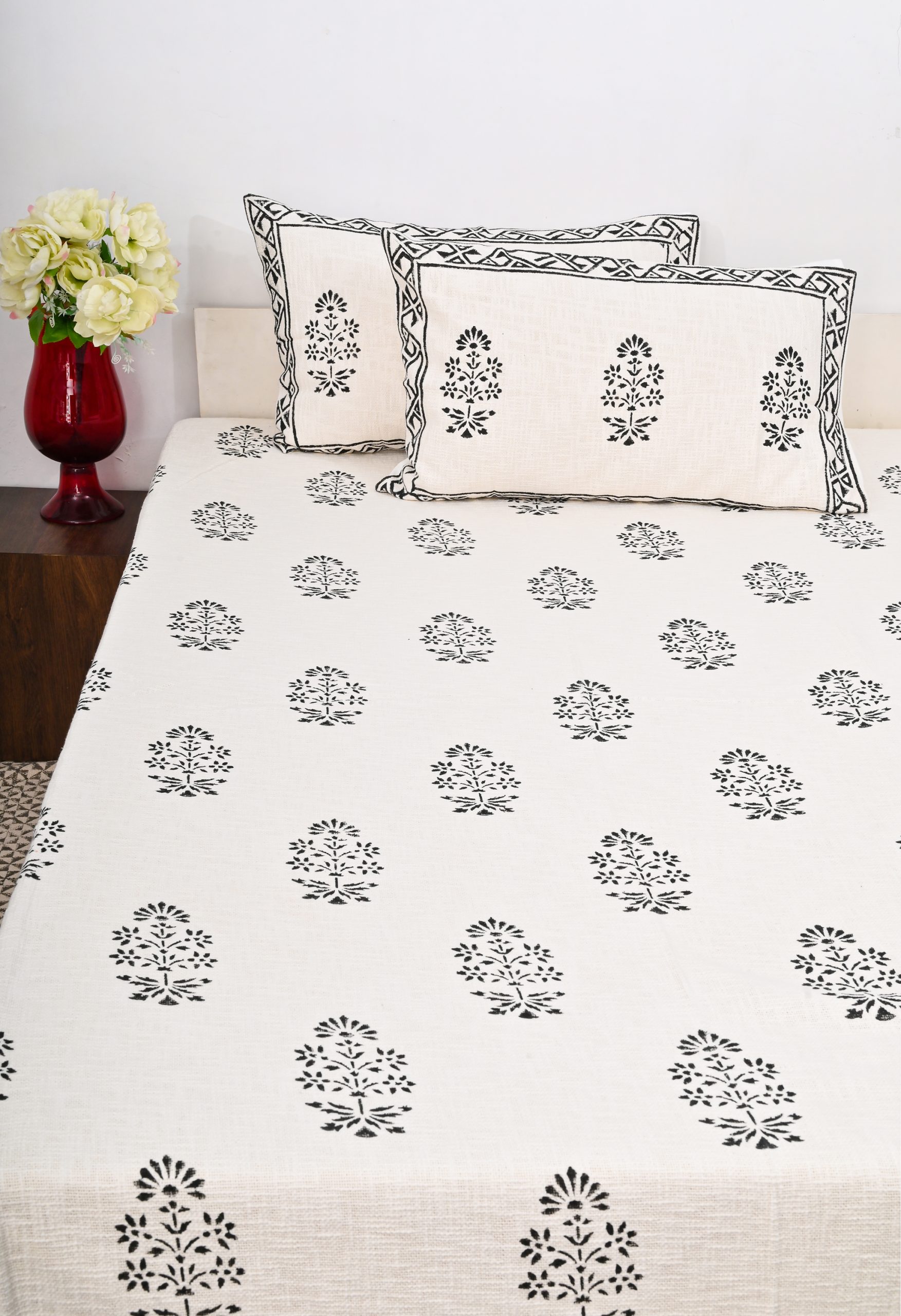 Black Hellebore Block Printed Bedcover + 2 Pillow Cover