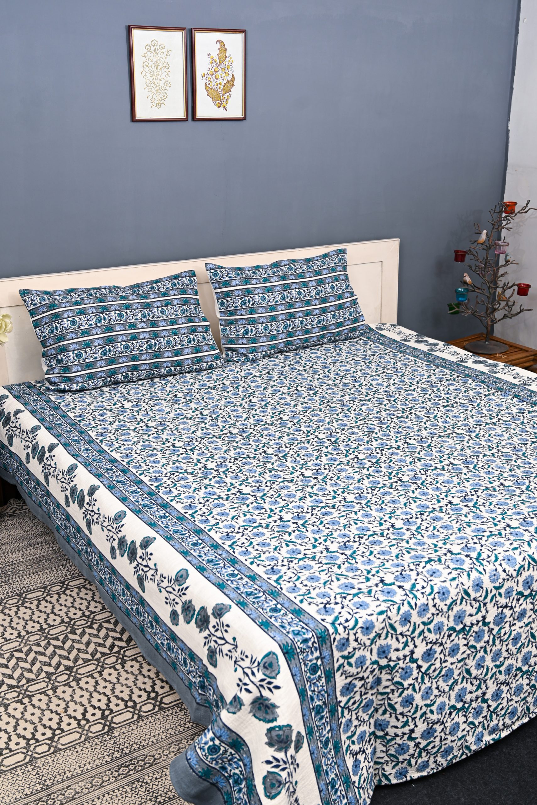 Blue Balloon Block Printed Bedcover + 2 Pillow Cover - Image 2