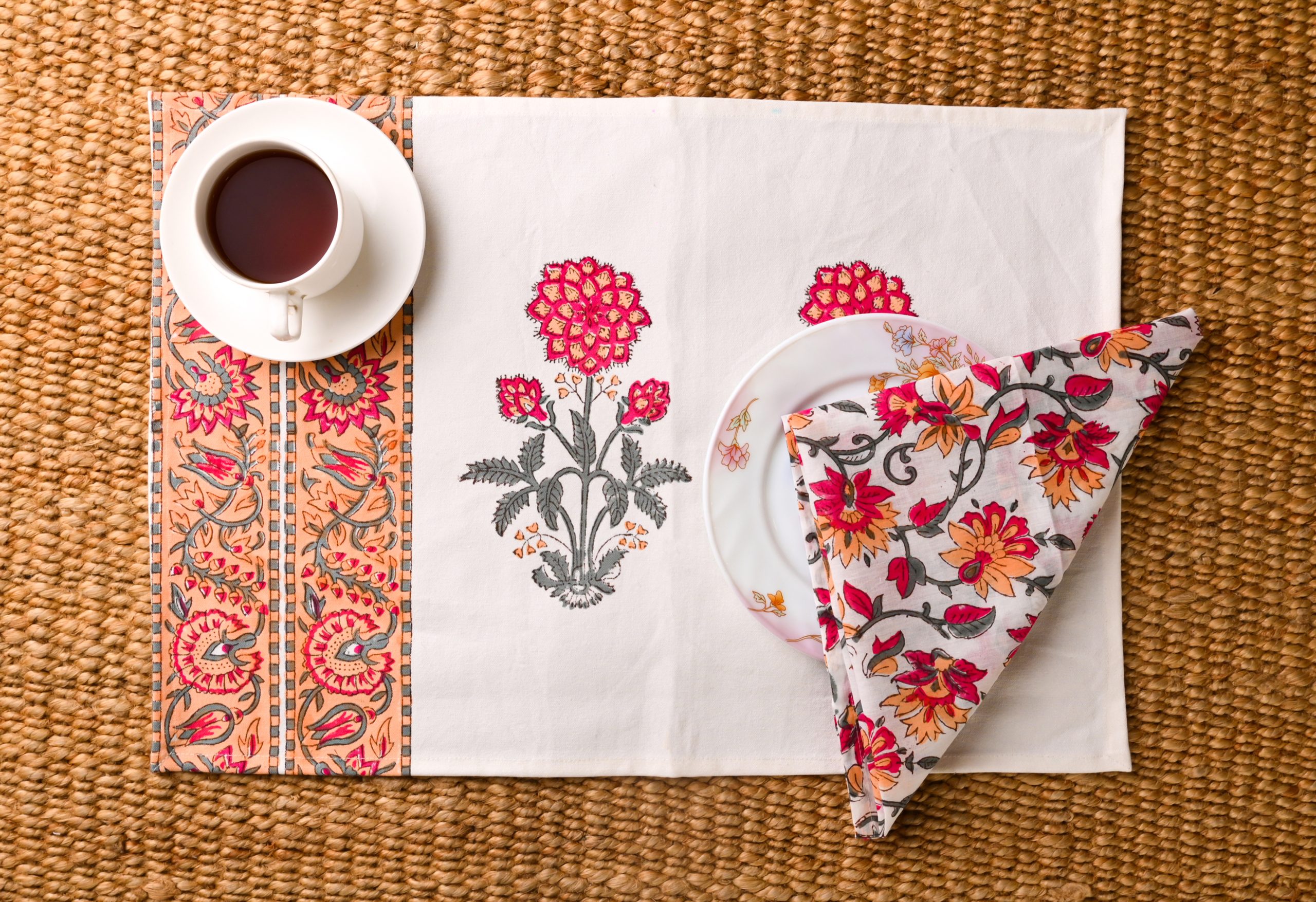 Perennial flowers Block Printed Placemat & Napkins